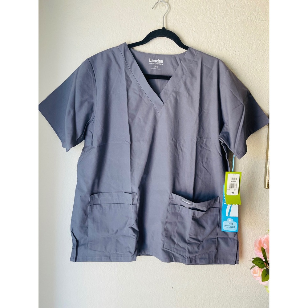 Landau Made Better Grey V-Neck Scrub Top Medical Uniform Large LGE Pockets